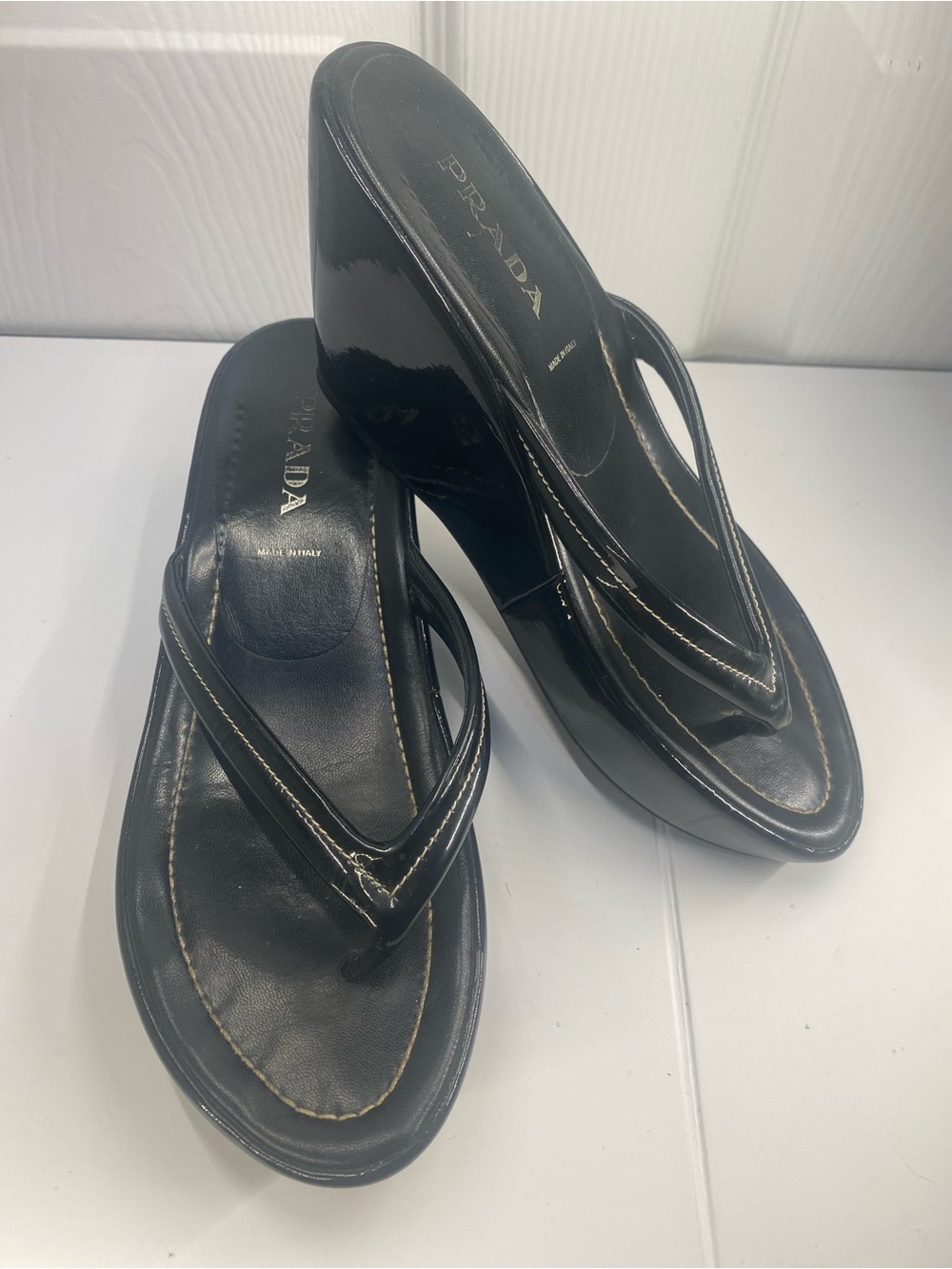 Prada Black Patent Platform Thong Mules